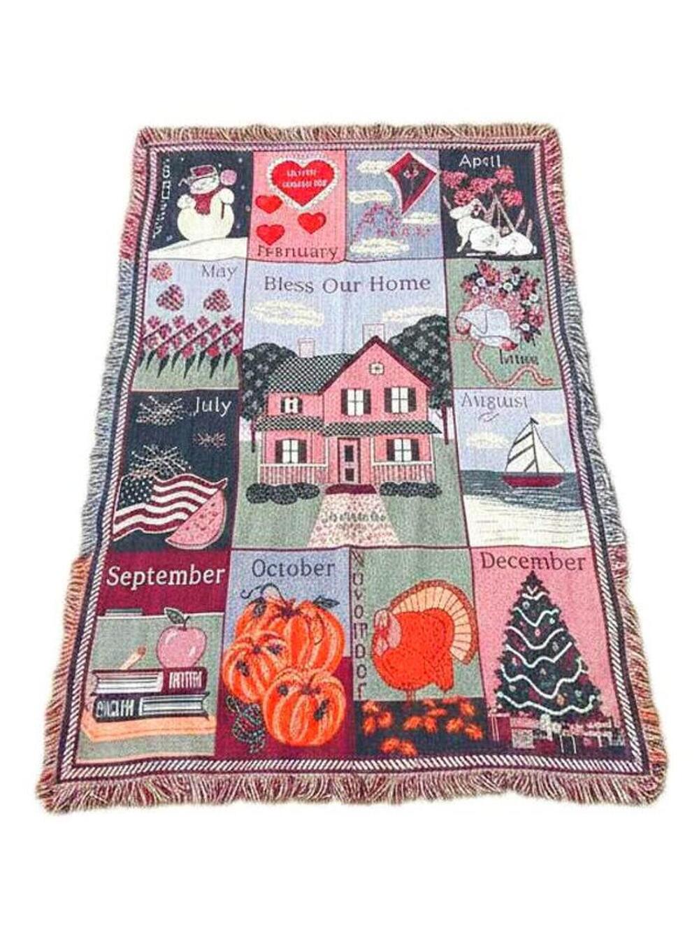 VTG 90s Tapestry Throw Blanket, "Bless Our Home" Patchwork Month Calendar